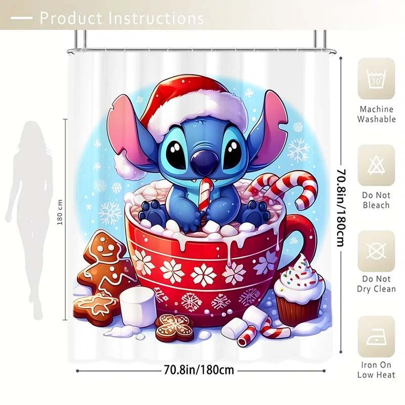 Cartoon Stitch Pattern Shower Curtain, 1 Count Waterproof Shower Curtain with 12pcs Hooks, Bathroom Decor Supplies for Home Hotel Salon Dormitory