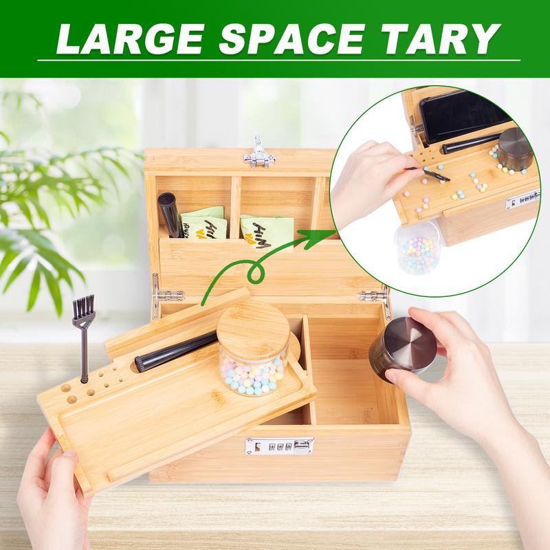 Large Bamboo Storage Box with Lock - Glass Jars Tray Set Wooden Boxes, Decorative Storage with Lid, Locking Wood Box for Home Storage | Accessories Organizer