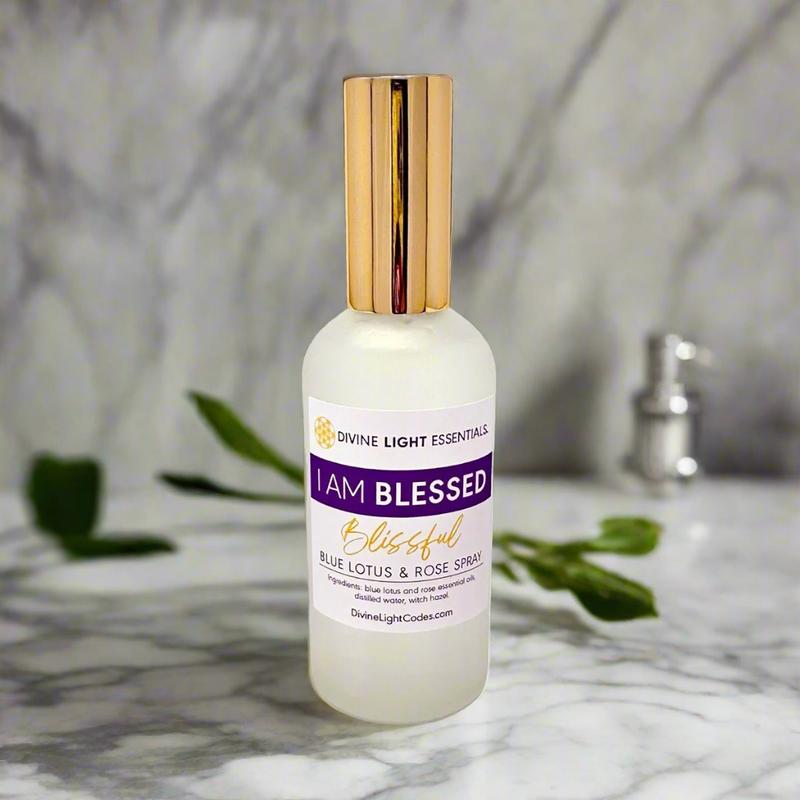 I Am Blessed Spray - Body Blessing - Room Clearing - Freshener - Blue Lotus & Rose - Rose Quartz Crystals - Home Fragrance - Pillow Spray Bottle Glass