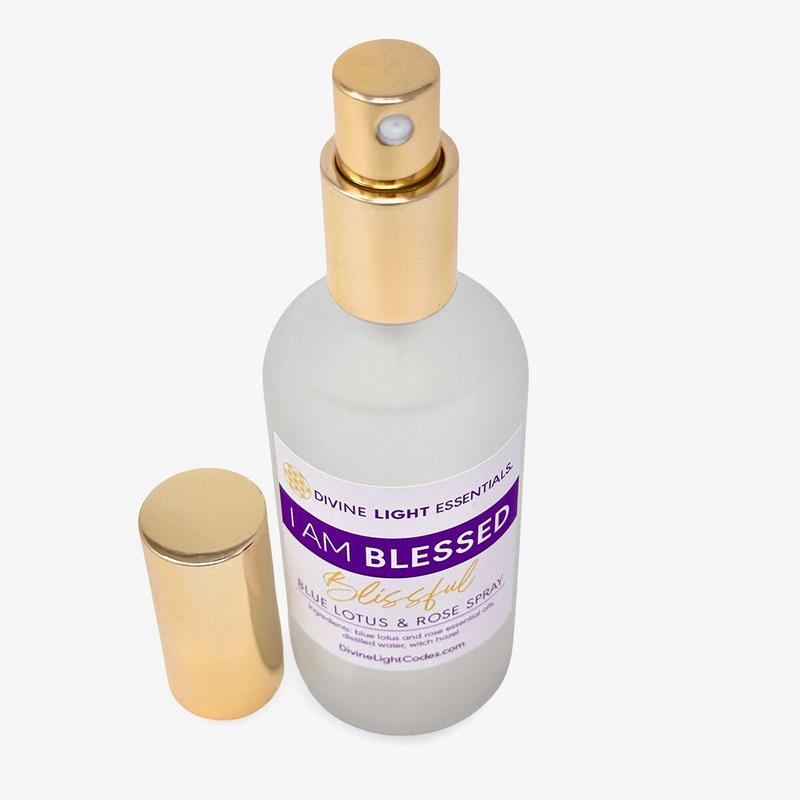 I Am Blessed Spray - Body Blessing - Room Clearing - Freshener - Blue Lotus & Rose - Rose Quartz Crystals - Home Fragrance - Pillow Spray Bottle Glass