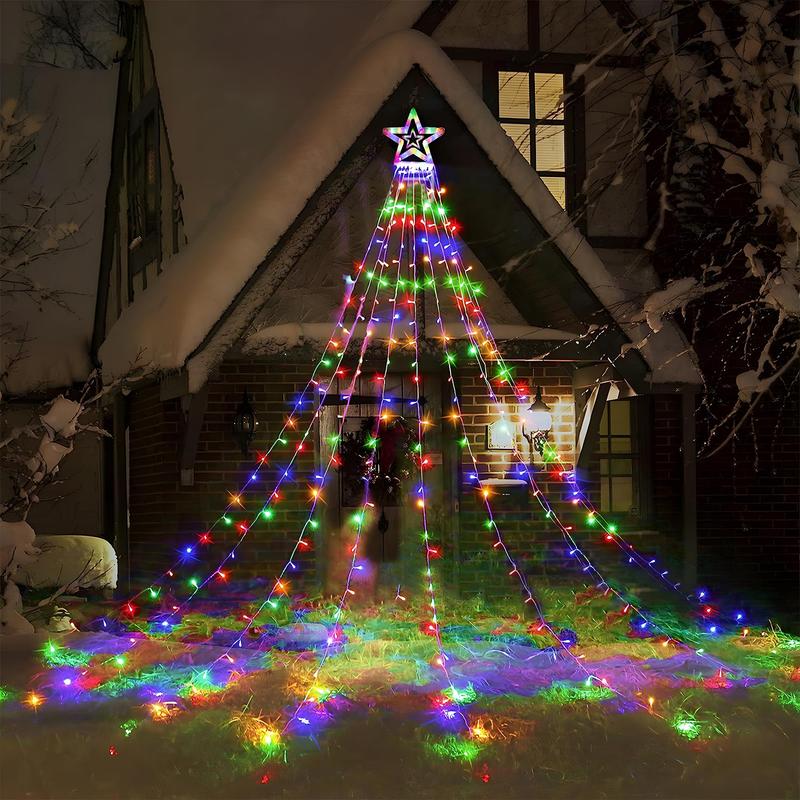 Solar Powered Christmas Tree Light, Star Shower Curtain Hanging Light, Outdoor Decorative Light for Garden, Yard, Terrace