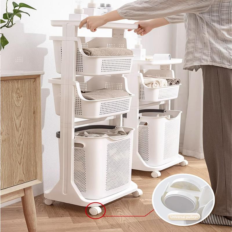 Wellgolife 3-Layers - Bathroom Laundry Basket with Wheels , Clothes Storage Organiser, Household Kitchen Shelf Fruit Stand