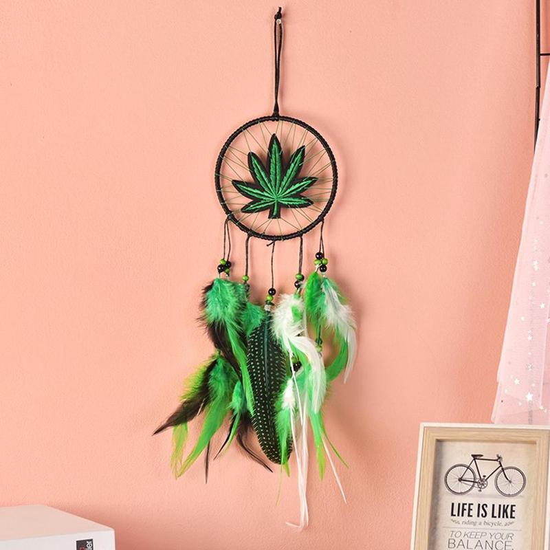 Weed Embroidered Dream Catcher, Faux Feather Design Hanging Dream Catcher, Home Decor for Living Room Bedroom, Gift for Women Men, Room Decoration