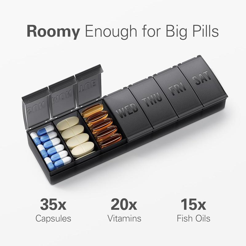 Pill Organizer Large, Weekly Pill Organizer Pill Box, Medicine Pill Organizer Travel, 7 Day Pill Case for Big Vitamin Supplements Fish Oil, Black