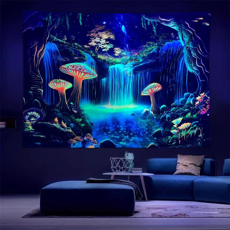 Fluorescent Mushroom Forest Pattern Tapestry, 1 Count UV Responsive Decorative Hanging Tapestry, Wall Hanging Decor for Home Living Room Bedroom, Home Decor