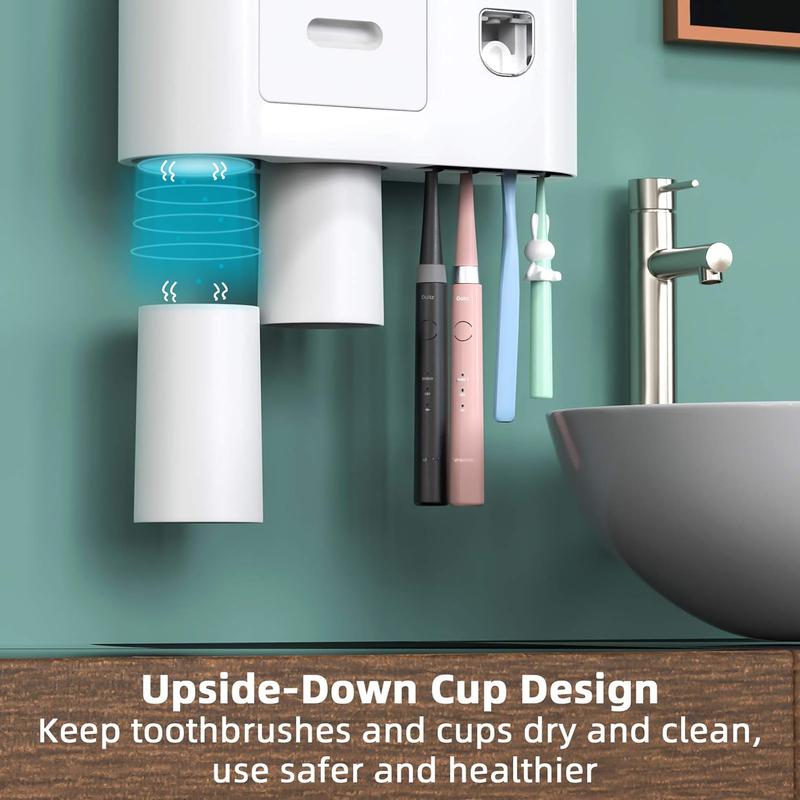 Wall Mounted Toothbrush Holder with Automatic Toothpaste Dispenser and Squeezer Kit - 4 Brush Slots, 2 Cups, 1 Cosmetic Drawer for Bathroom and Vanity