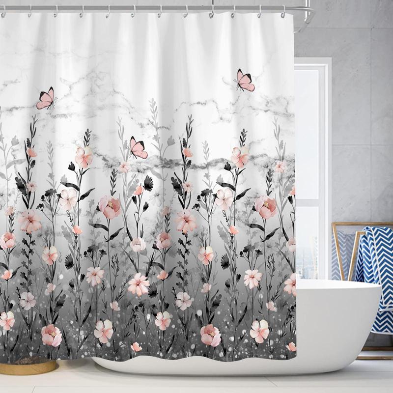 Floral Print Shower Curtain, 1 Count Boho Style Bathroom Curtain with 12pcs Hooks, Bathroom Decor Supplies for Home Hotel Salon Dormitory