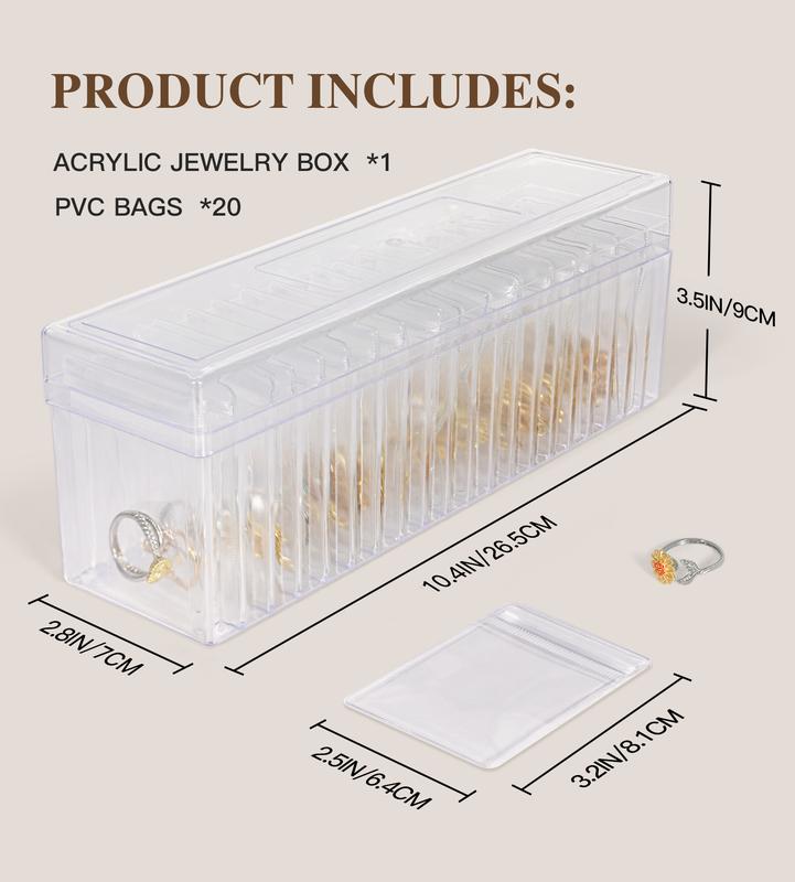 APLUGTEK Jewellery Storage Box Acrylic Travel Jewelry Organizer Box for Ring Necklace Earrings and Bracelets Clear Plastic Transparent Jewelry Display Box with 20 Portable Anti Tarnish Jewelry Bags for Women Girls