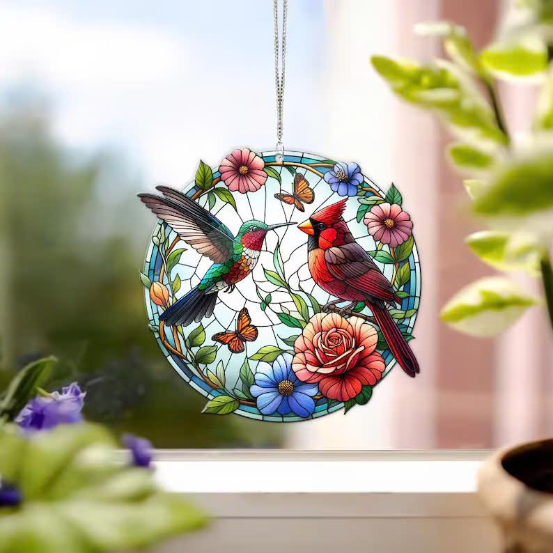 Flying Cardinal Hummingbird Acrylic Window Hanging, Cardinal lovers gift, Garden lover, bird nerd gift, Home decor