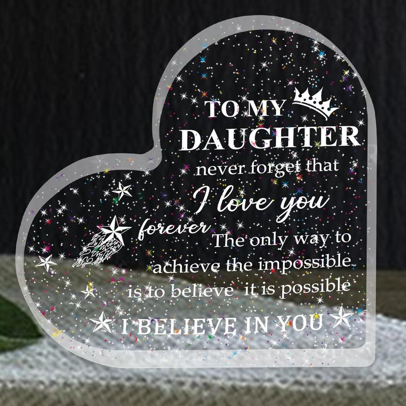 Heart Shaped Acrylic Ornament, 1 Count Creative Shimmer Transparent Desktop Plaque, Love You Gift for Daughter, Birthday Gift for Daughter