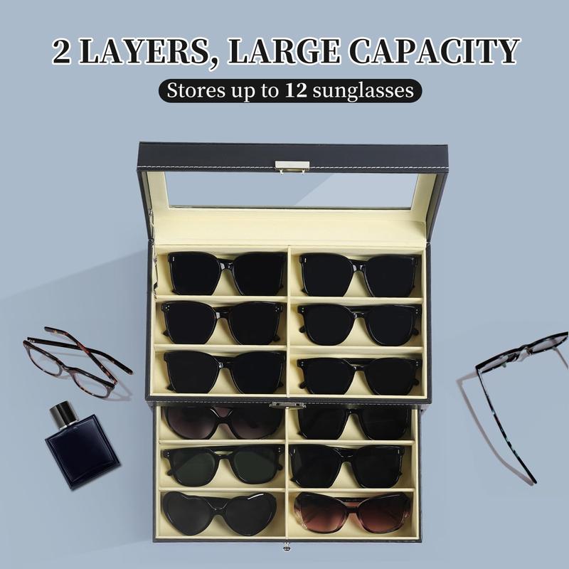 Leather 12 Piece Eyeglasses Storage and Sunglass Glasses Display Drawer Lockable Case Organizer,Black,AW-023