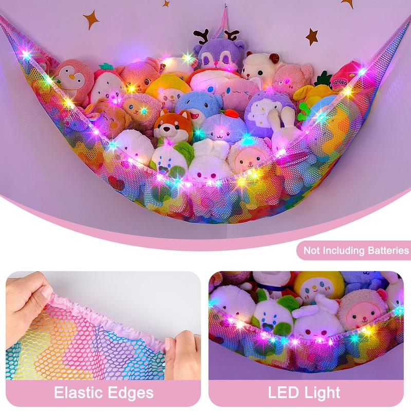 Stuffed Animals Net or Hammock Toy Storage Organizer with LED Light Unicorn Castle Hanging Corner Stuffed Animals Holder Girls Room Decor (Pack of 1)