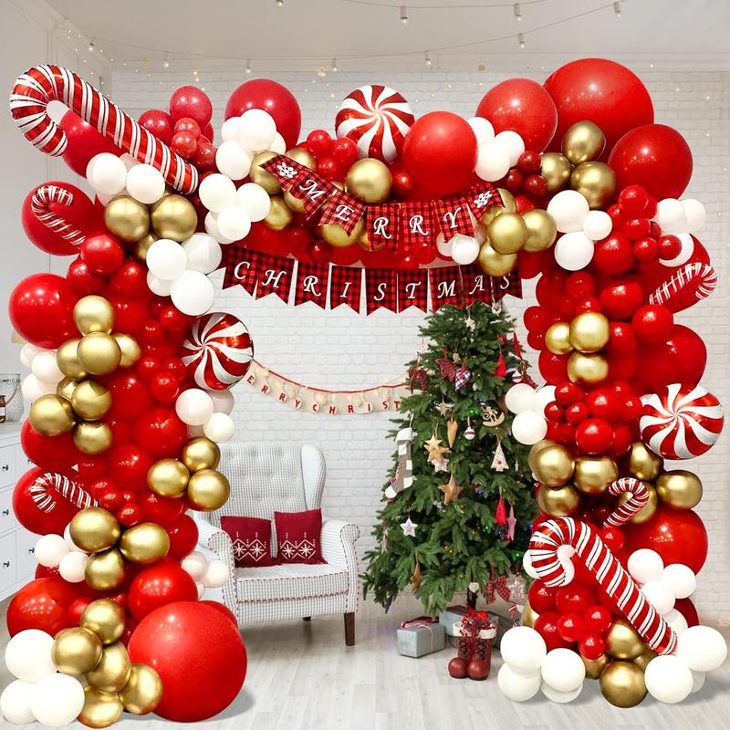 153Pcs Christmas Balloons Garland Arch Kit with Xmas Red Gold White Balloon Candy Cane Foil Balloon for Christmas Party Decorations