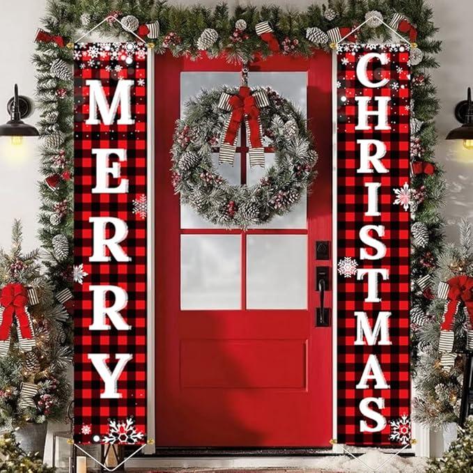 Ivenf Merry Christmas & Happy New Year Decorations, Red Black Buffalo Plaid Banner, 2 Pcs Front Porch Sign Set, Indoor Outdoor Yard Wall Home Decor