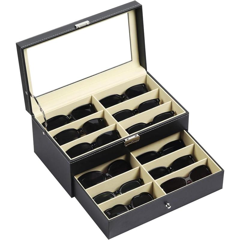 Leather 12 Piece Eyeglasses Storage and Sunglass Glasses Display Drawer Lockable Case Organizer,Black,AW-023