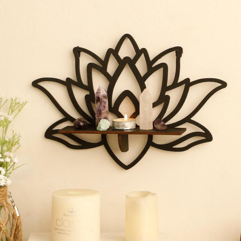 Lotus Design Wall Mounted Shelf, Wooden Floating Storage Rack, Wall Hanging Decor for Home Living Room Bedroom Bathroom Office, Room Decor, Home Decor