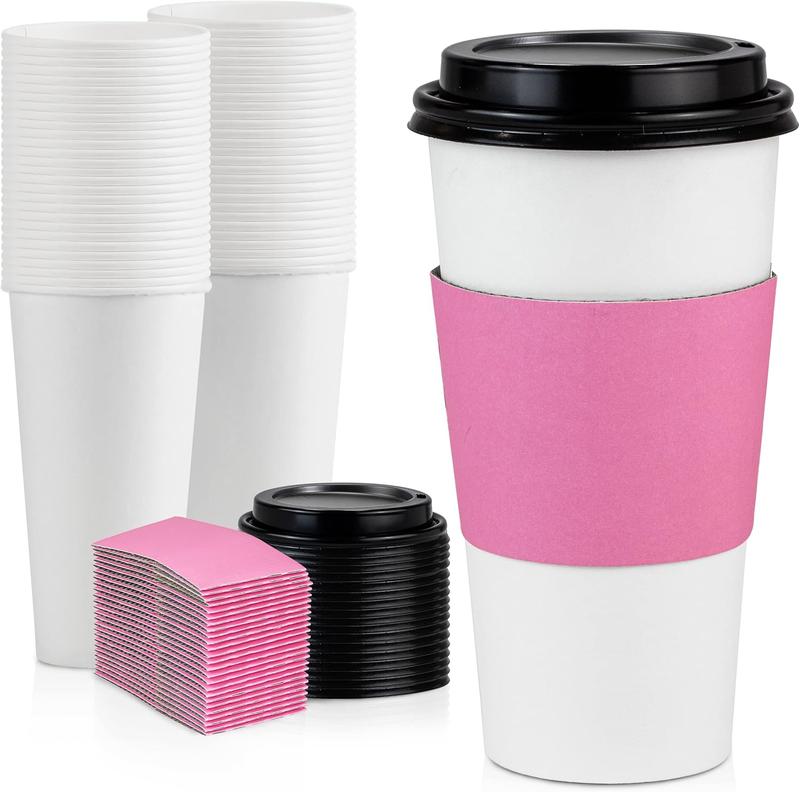 [50 Pack 20 oz Disposable Coffee Cups with Black Lids and Pink Sleeves,   Coffee Cups with Lids for Hot Cold Beverages, Pink Coffee Cups for Party, Wedding, Birthday