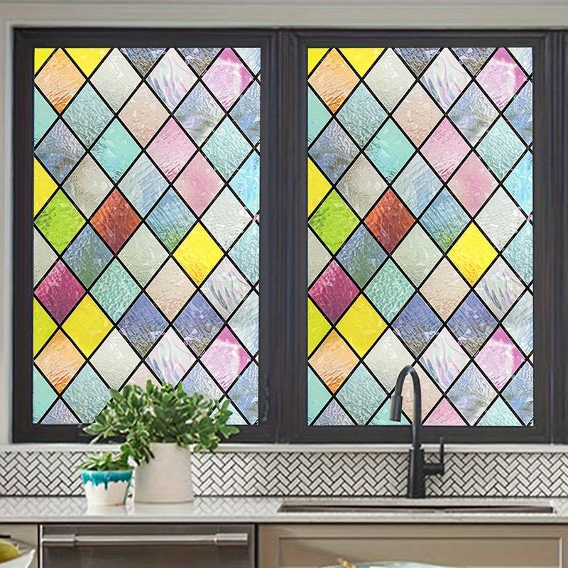 Frosted Vintage Stained Glass Window Sticker for Mean Girls Decorations, 1 Count Geometric Pattern Privacy Window Film, Window Film for Bedroom Living Room Office Decor