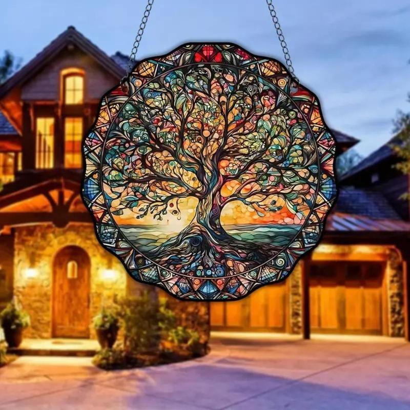 Tree Pattern Hanging Decor, 1 Count Round Stained Glass Hanging Ornament, Wall Art Decor for Home Living Room Bedroom Study Room