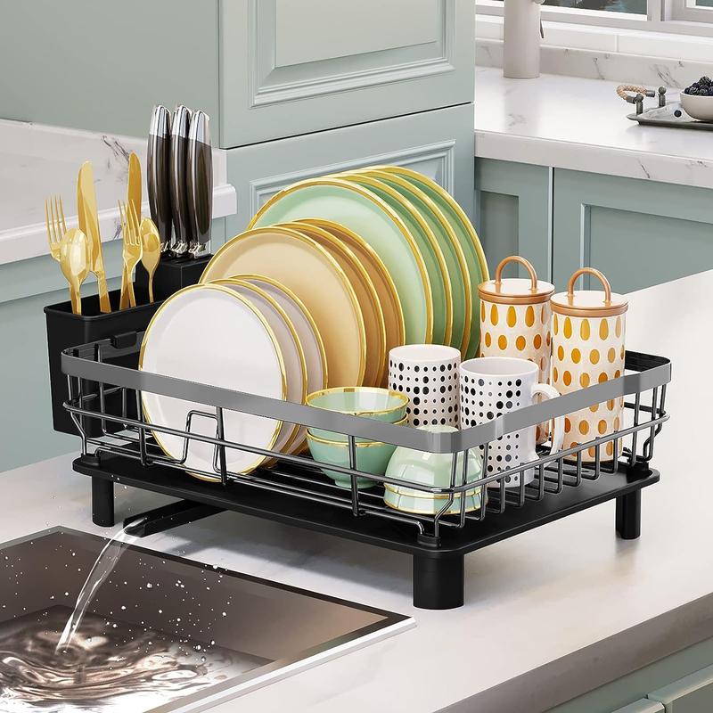 Kitchen Dish Drying Rack for Countertop with Drainboard Adjustable Spout Dish Strainers with Utensil Holder Knife Slots