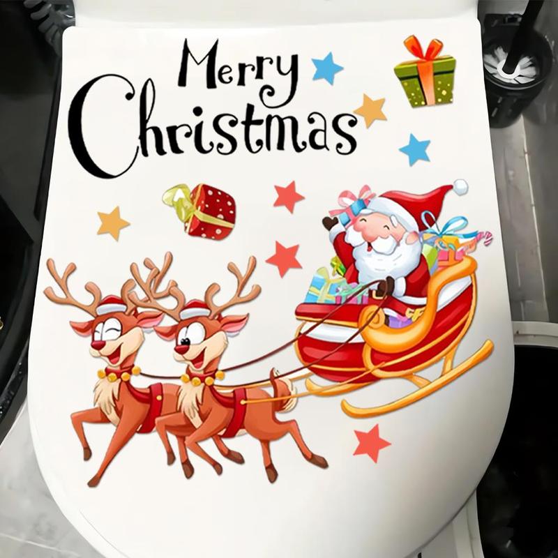 Santa Claus & Reindeer Pattern Toilet Sticker, 1 Count Waterproof & Detachable Toilet Lid Decal, Bathroom Accessories for Home & Hotel & Dormitory