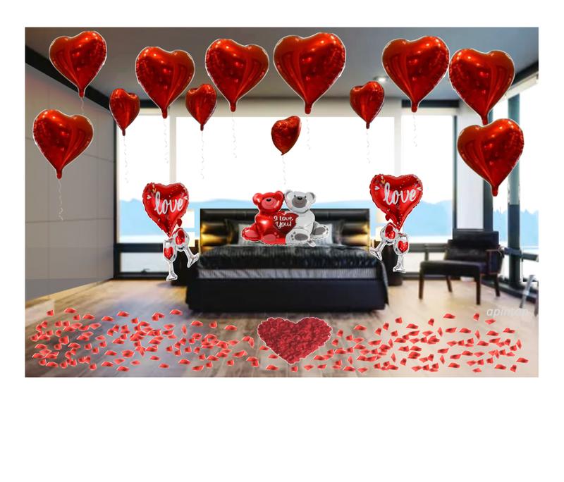 Apintop 'I Love You' Balloon Set 2 Love Cup Big Teddy Bear Foil Balloon 12 Heart Foil Balloon 1000 Silk Rose Petals (ready separated) Suitable with Air or Helium for Romantic Decorations Includes air balloon pump 100 dot glue Gift Set Wedding Set Wedding