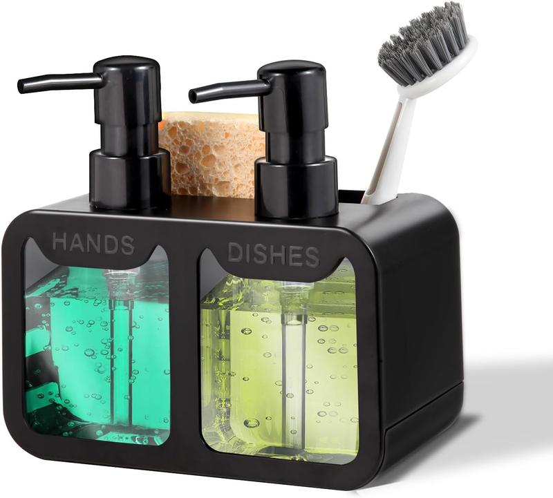 Kitchen Soap Dispenser Set, with Hand and Dish Soap, Sponge Caddy and Brush Holder 4-in-1 Kitchen Dual Soap Dispenser Set for Kitchen Sink, Bathroom - Black