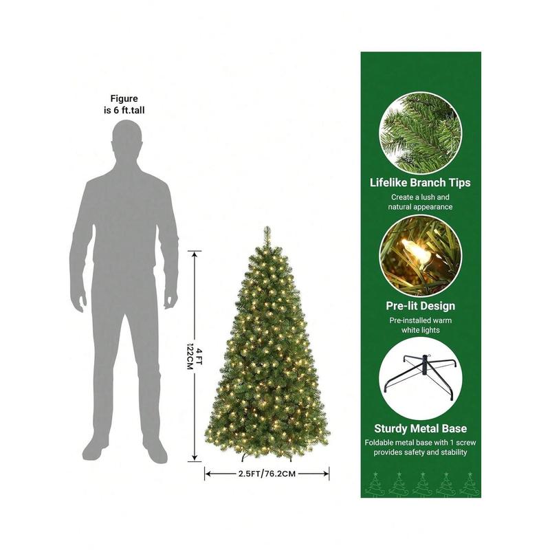 SHARECONN 4FT, 5FT, 6FT, 7FT, 7.5FT, 9FT, SHareconn Prelit Premium Artificial Hinged Christmas Tree With Pre-Lit Warm White Lights, Branch Tips And Foldable Stand, Perfect Choice For Xmas Decoration, Green