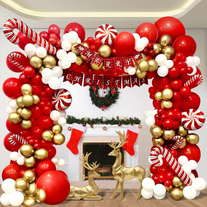 153Pcs Christmas Balloons Garland Arch Kit with Xmas Red Gold White Balloon Candy Cane Foil Balloon for Christmas Party Decorations