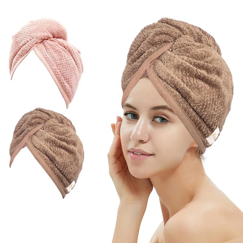 2 Pack Microfiber Hair Towel Wrap,Hair Drying Towel with Button, Towel Turban,Head Towel to Dry Hair Quickly (Pink&Beige)