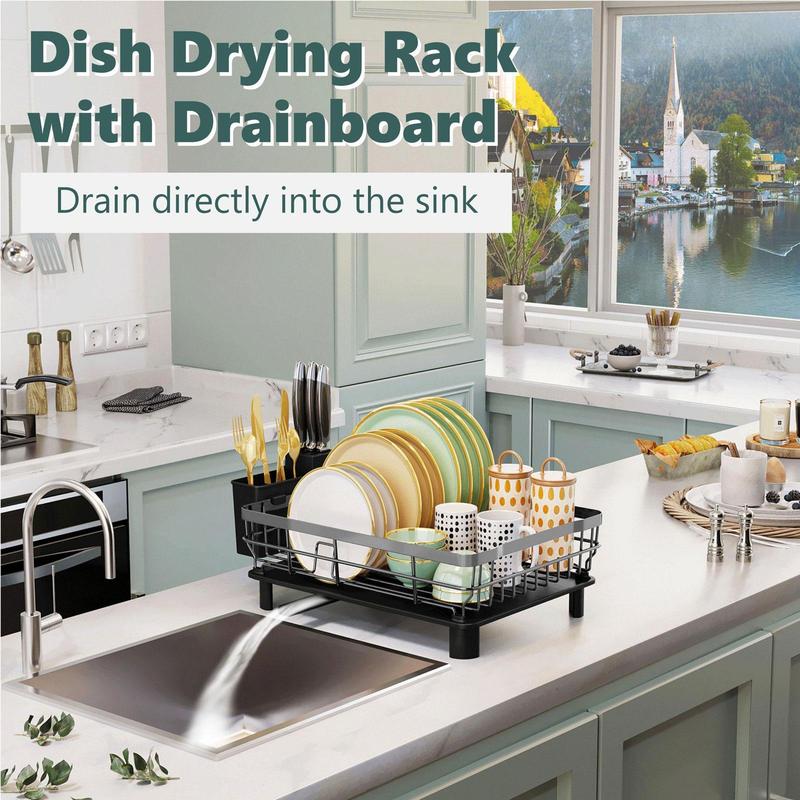 Kitchen Dish Drying Rack for Countertop with Drainboard Adjustable Spout Dish Strainers with Utensil Holder Knife Slots