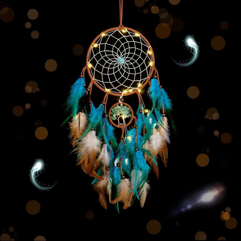 Dream Catcher Blue Tree of Life with Feathers, Fairy Lights Handmade Indians Traditional Circular Net for Wall Hanging Decor, Home Decoration Wedding Party Blessing Gift