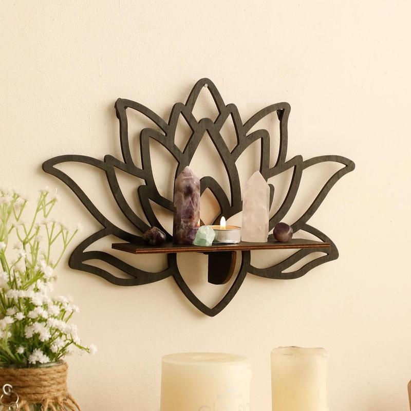 Lotus Design Wall Mounted Shelf, Wooden Floating Storage Rack, Wall Hanging Decor for Home Living Room Bedroom Bathroom Office, Room Decor, Home Decor