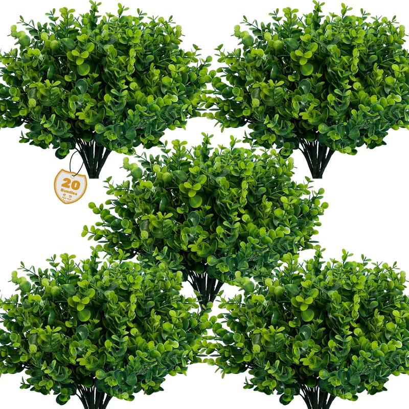 Artificial Greenery Plants Outdoor UV Resistant Fake Plants Boxwood Shrubs Grass,20 Bundles for Farmhouse Home Garden Office Patio Backyard Wedding and Indoor Outdoor Decoration