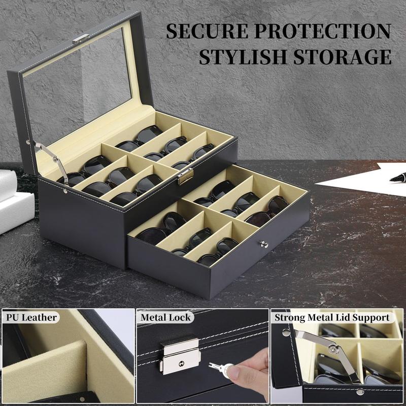 Leather 12 Piece Eyeglasses Storage and Sunglass Glasses Display Drawer Lockable Case Organizer,Black,AW-023