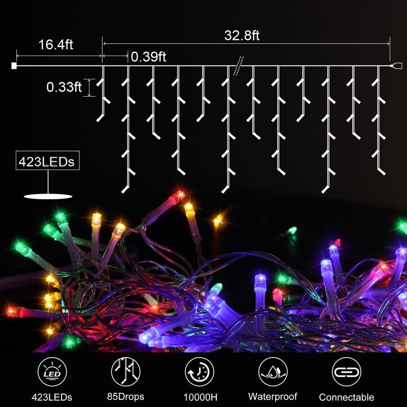 Icicle Lights for OutsidePEMOTech 32.8FT 432 LED Christmas Lights Outdoor with 85 Drops 8 Modes Plug in Connectable Icicle lights Outdoor Timer Waterproof for Christmas Decorations House Set Switch Ornaments