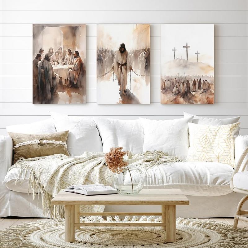 GUBIYU Set of 3 Easter Wall Art Church Wall Decor The Last Supper Painting Jesus in Chains The Crucifixion Cross Artwork Pictures Jesus Portrait Jesus Print Jesus Wall Art Religious Gifts 12