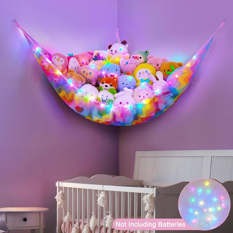 Stuffed Animals Net or Hammock Toy Storage Organizer with LED Light Unicorn Castle Hanging Corner Stuffed Animals Holder Girls Room Decor (Pack of 1)