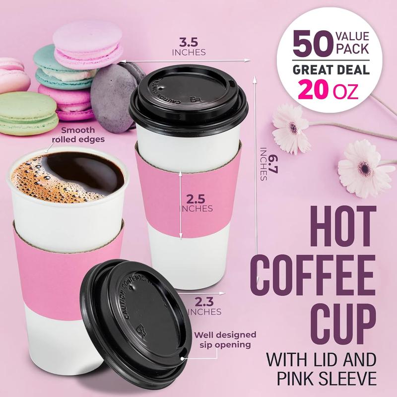 [50 Pack 20 oz Disposable Coffee Cups with Black Lids and Pink Sleeves,   Coffee Cups with Lids for Hot Cold Beverages, Pink Coffee Cups for Party, Wedding, Birthday