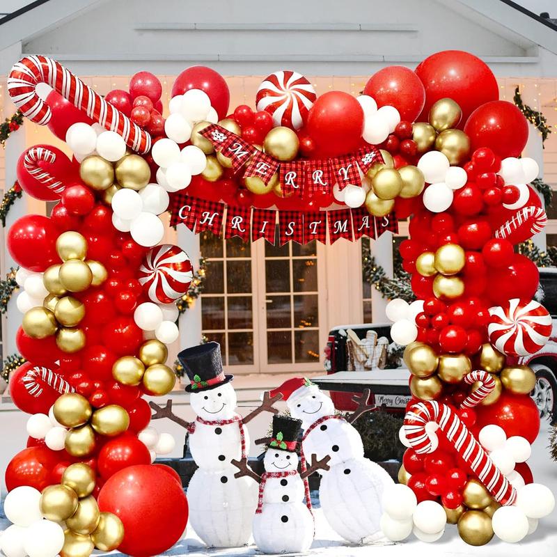 153Pcs Christmas Balloons Garland Arch Kit with Xmas Red Gold White Balloon Candy Cane Foil Balloon for Christmas Party Decorations