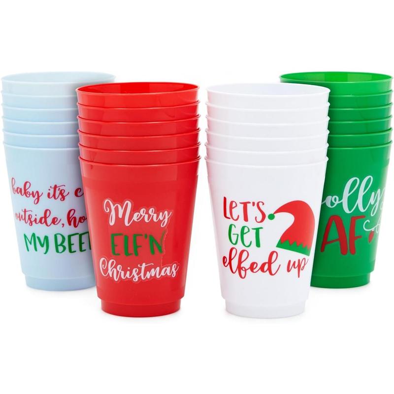 - 24 Pack Plastic Christmas Cups, 16oz Reusable Tumblers for Holiday Party Supplies Decorations (4 Designs)