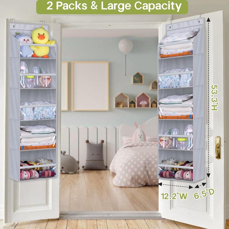 2 Pack Over the Door Organizer, Large Capacity Closet Door Hanging Organizer, Clear Deep Pockets Baby Organizer Storage for Nursery, Bathroom, Bedroom, Pantry, Diapers