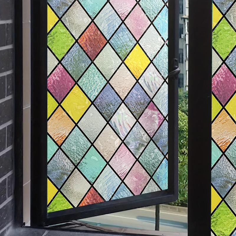 Frosted Vintage Stained Glass Window Sticker for Mean Girls Decorations, 1 Count Geometric Pattern Privacy Window Film, Window Film for Bedroom Living Room Office Decor