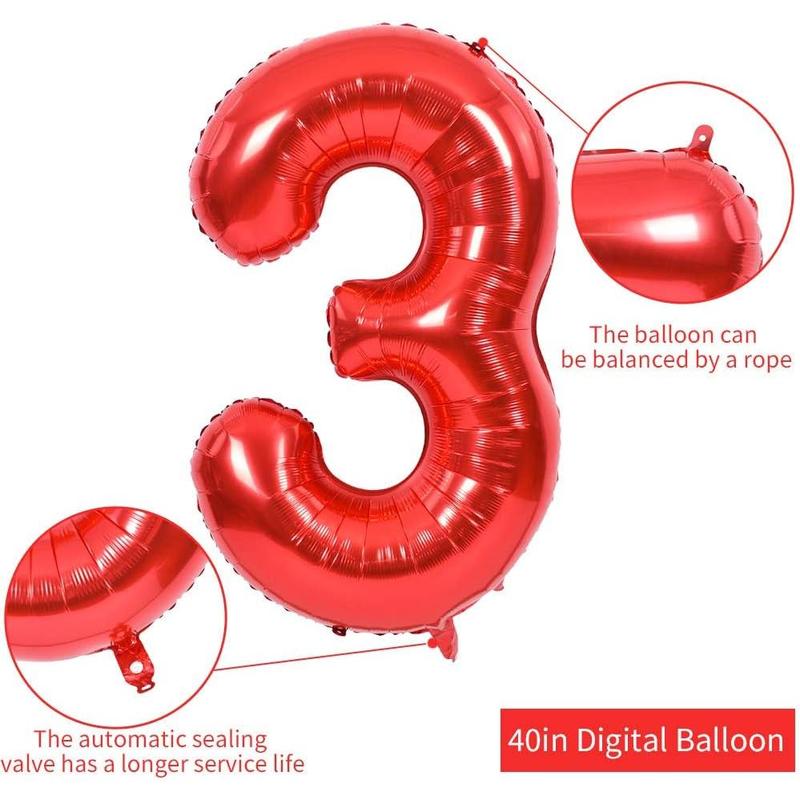 40 Inch Red Large Numbers Balloons 0-9, Number 3 Digit 3 Helium Balloons, Foil Mylar Big Number Balloons for Birthday Party Anniversary Supplies Decorations Photo Prop