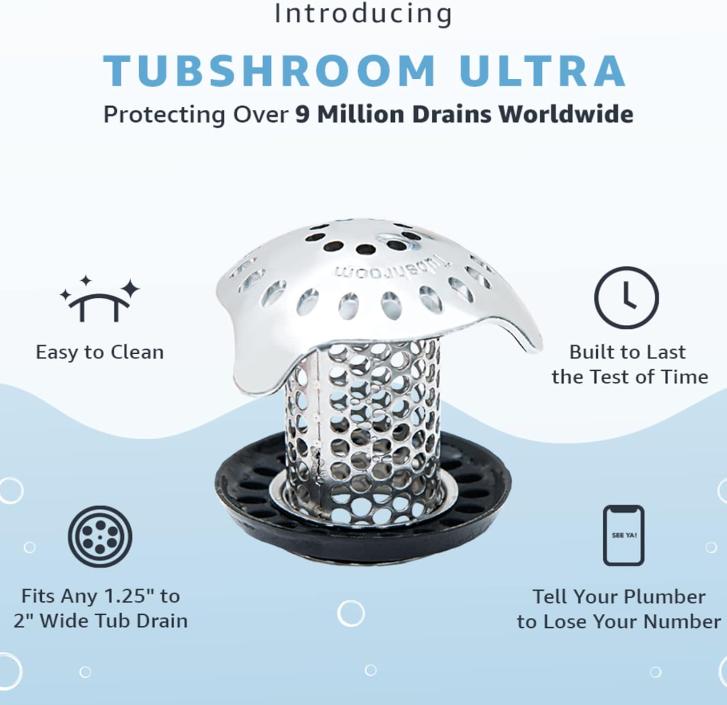 TubShroom Ultra Revolutionary Bath Tub Drain Protector Hair Catcher Strainer Snare Stainless Steel, 1-Pack, Silver