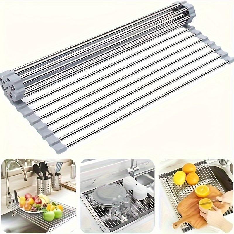 Stainless Steel Dish Drying Rack, 1 Count Foldable Roll Up Kitchen Dish Drying Rack, Multifunctional Dish Drain Rack for Kitchen Sink