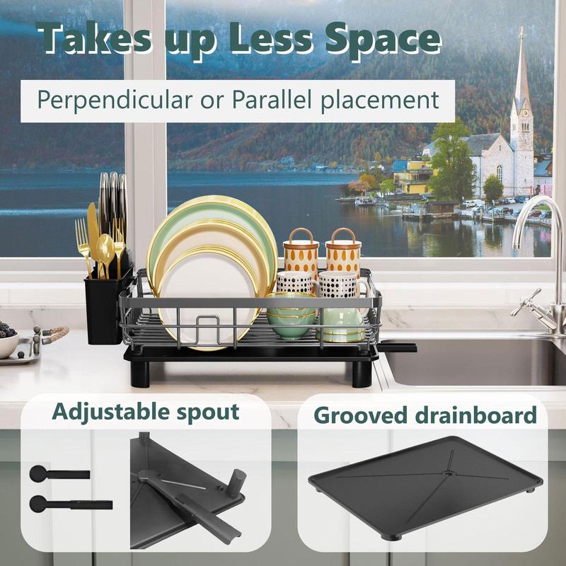 Kitchen Dish Drying Rack for Countertop with Drainboard Adjustable Spout Dish Strainers with Utensil Holder Knife Slots