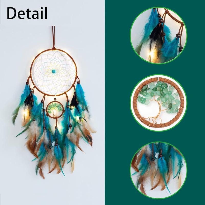 Dream Catcher Blue Tree of Life with Feathers, Fairy Lights Handmade Indians Traditional Circular Net for Wall Hanging Decor, Home Decoration Wedding Party Blessing Gift