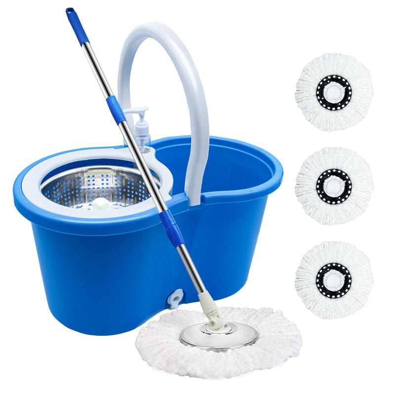 360 Easy Spin Dry Floor Mop Bucket Stainless Steel Winger Blue With 3 Microfiber Heads