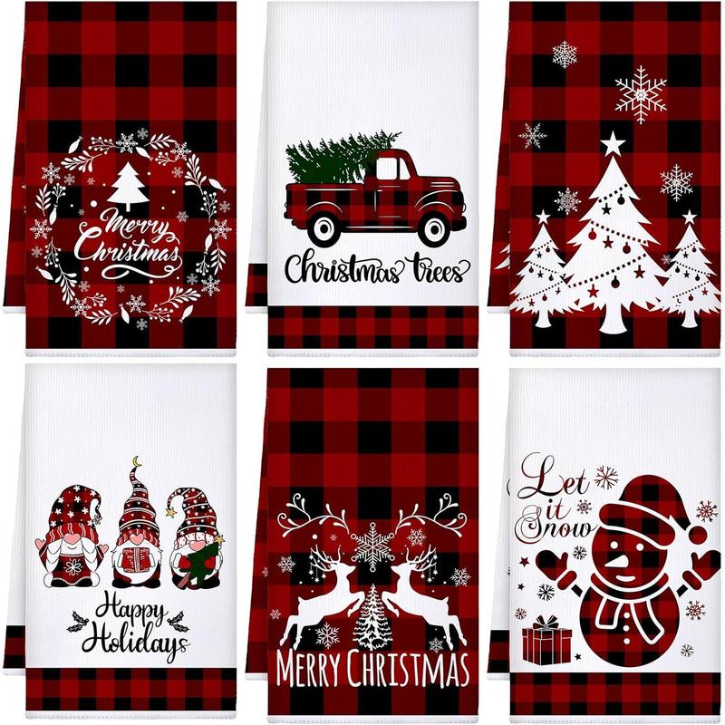 6 s Christmas Kitchen Towels Buffalo Check Plaid Dish Towels Winter Truck Hand Towels Farmhouse Tea Towels Housewarming Gifts Christmas Decoration